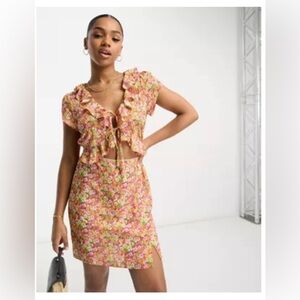 ASOS DESIGN lace trim ruffle bodice mini tea dress in orange ditsy